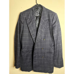 Men's Alexander McQueen Navy Grey Plaid Wool/Cashmere Double-Breasted Blazer 50R